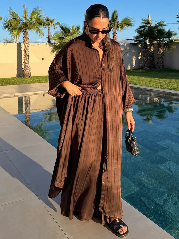 Women Casual Loose Fit Striped Two Piece Set Long Sleeve Oversized Shirt High Waist Wide Leg Pants 2026 Summer Chic Elegant Suit