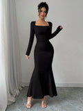 Women's Four Seasons New Style Women's Elegant Temperament Retro Solid Color Square Collar Long Sleeve Dress
