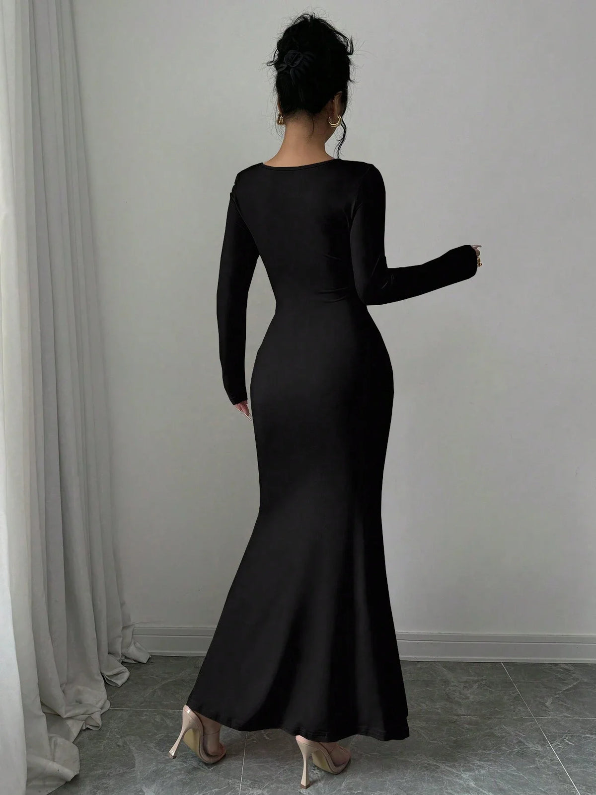Women's Four Seasons New Style Women's Elegant Temperament Retro Solid Color Square Collar Long Sleeve Dress