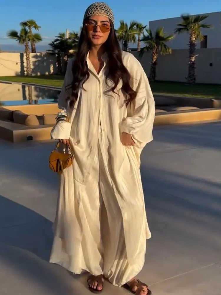 Women Casual Loose Fit Striped Two Piece Set Long Sleeve Oversized Shirt High Waist Wide Leg Pants 2026 Summer Chic Elegant Suit