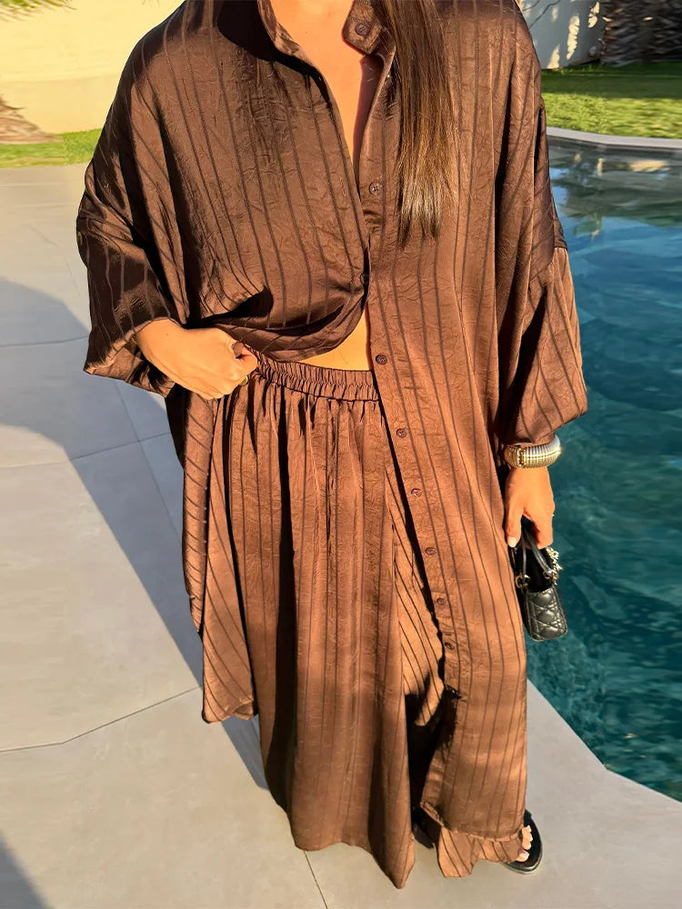 Women Casual Loose Fit Striped Two Piece Set Long Sleeve Oversized Shirt High Waist Wide Leg Pants 2026 Summer Chic Elegant Suit