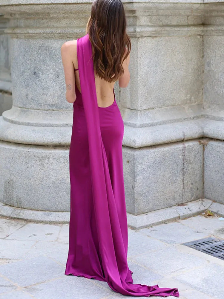 Ribbon Satin Long Party Dress Women Elegant Solid Sleeveless Female Backless Dresses 2026 Summer Autumn Lady Evening Club Gowns