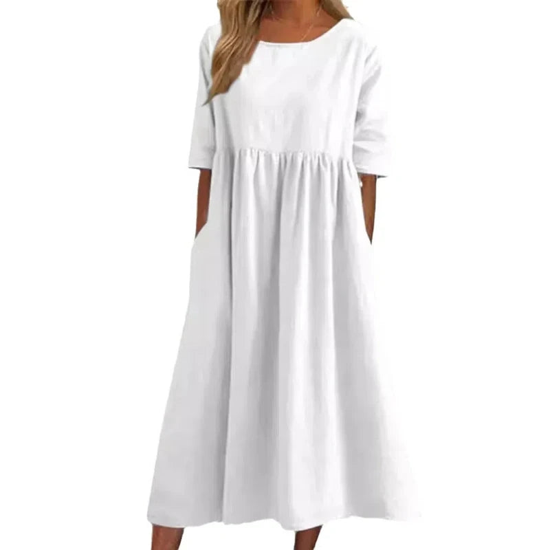 Summer New Large Solid Color Casual Short Sleeve Pocket Fold Loose Round Neck Women's Dress