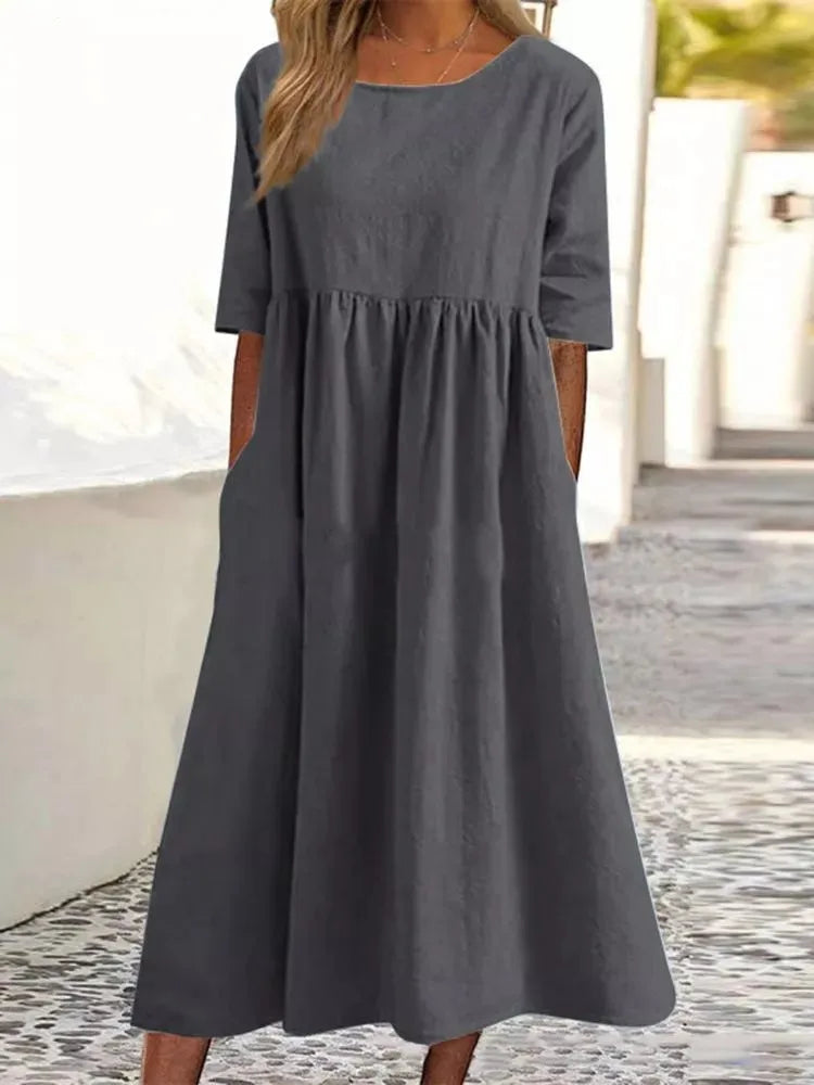 Summer New Large Solid Color Casual Short Sleeve Pocket Fold Loose Round Neck Women's Dress
