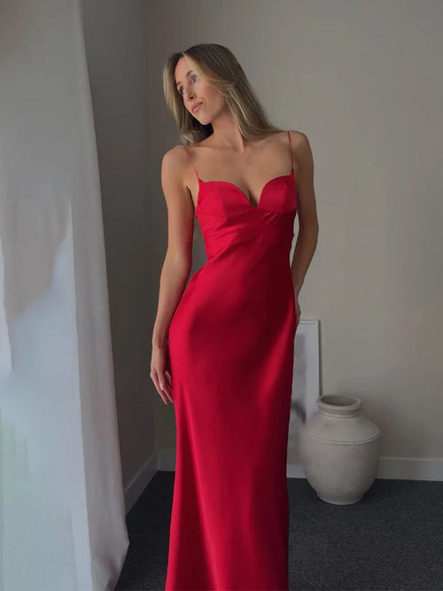 HH 2025 Women Red V-Neck Holiday Style Satin Texture Long Dress Sleeveless Summer Women's Back Zipper Fashion Sling Dresses