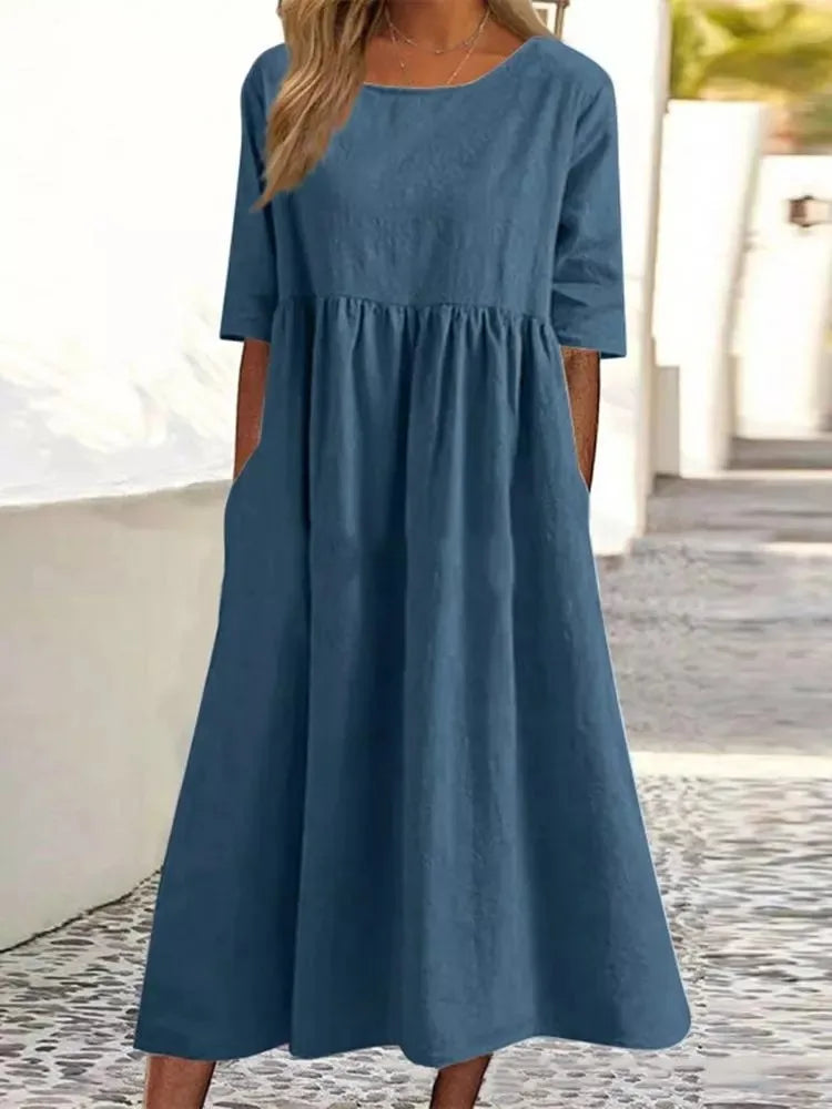 Summer New Large Solid Color Casual Short Sleeve Pocket Fold Loose Round Neck Women's Dress