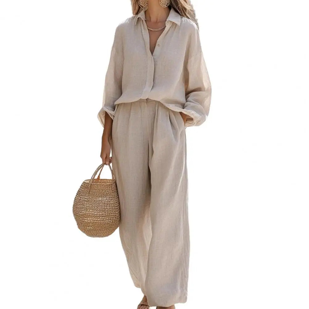 Women's Spring Outfit Two Piece Long Sleeve Button Down T Shirt And Wide Leg Pants Set Lounge Set Versatile Women Clothing 80%