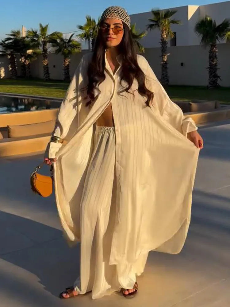 Women Casual Loose Fit Striped Two Piece Set Long Sleeve Oversized Shirt High Waist Wide Leg Pants 2026 Summer Chic Elegant Suit