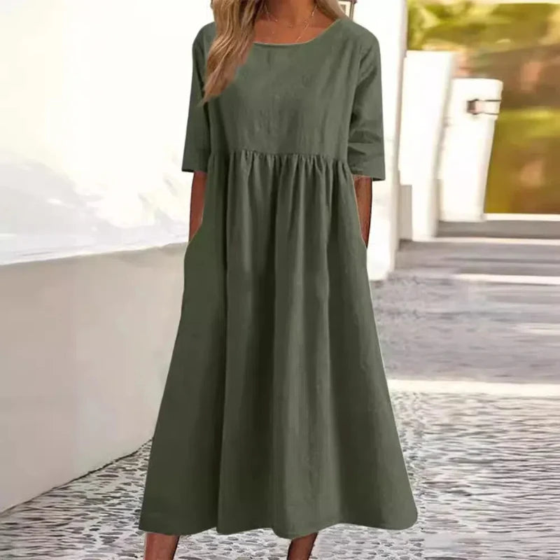 Summer New Large Solid Color Casual Short Sleeve Pocket Fold Loose Round Neck Women's Dress