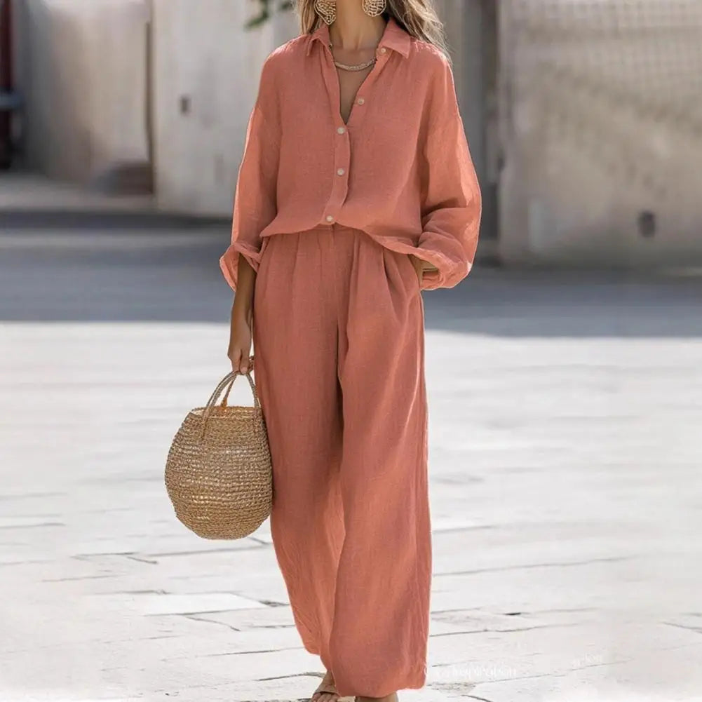 Women's Spring Outfit Two Piece Long Sleeve Button Down T Shirt And Wide Leg Pants Set Lounge Set Versatile Women Clothing 80%