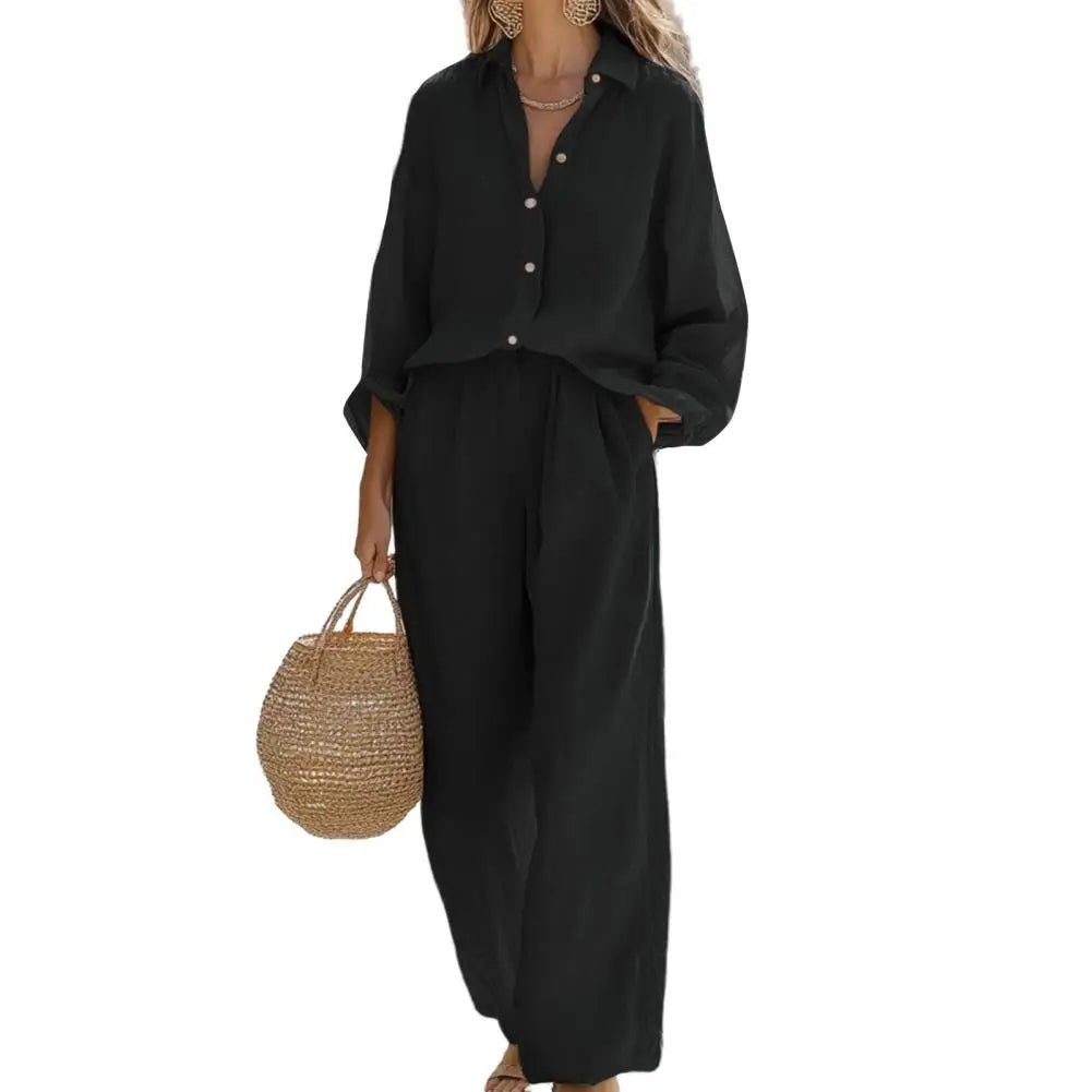 Women's Spring Outfit Two Piece Long Sleeve Button Down T Shirt And Wide Leg Pants Set Lounge Set Versatile Women Clothing 80%