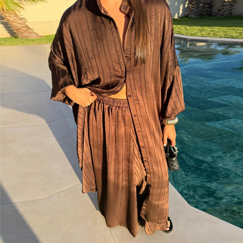 Women Casual Loose Fit Striped Two Piece Set Long Sleeve Oversized Shirt High Waist Wide Leg Pants 2026 Summer Chic Elegant Suit
