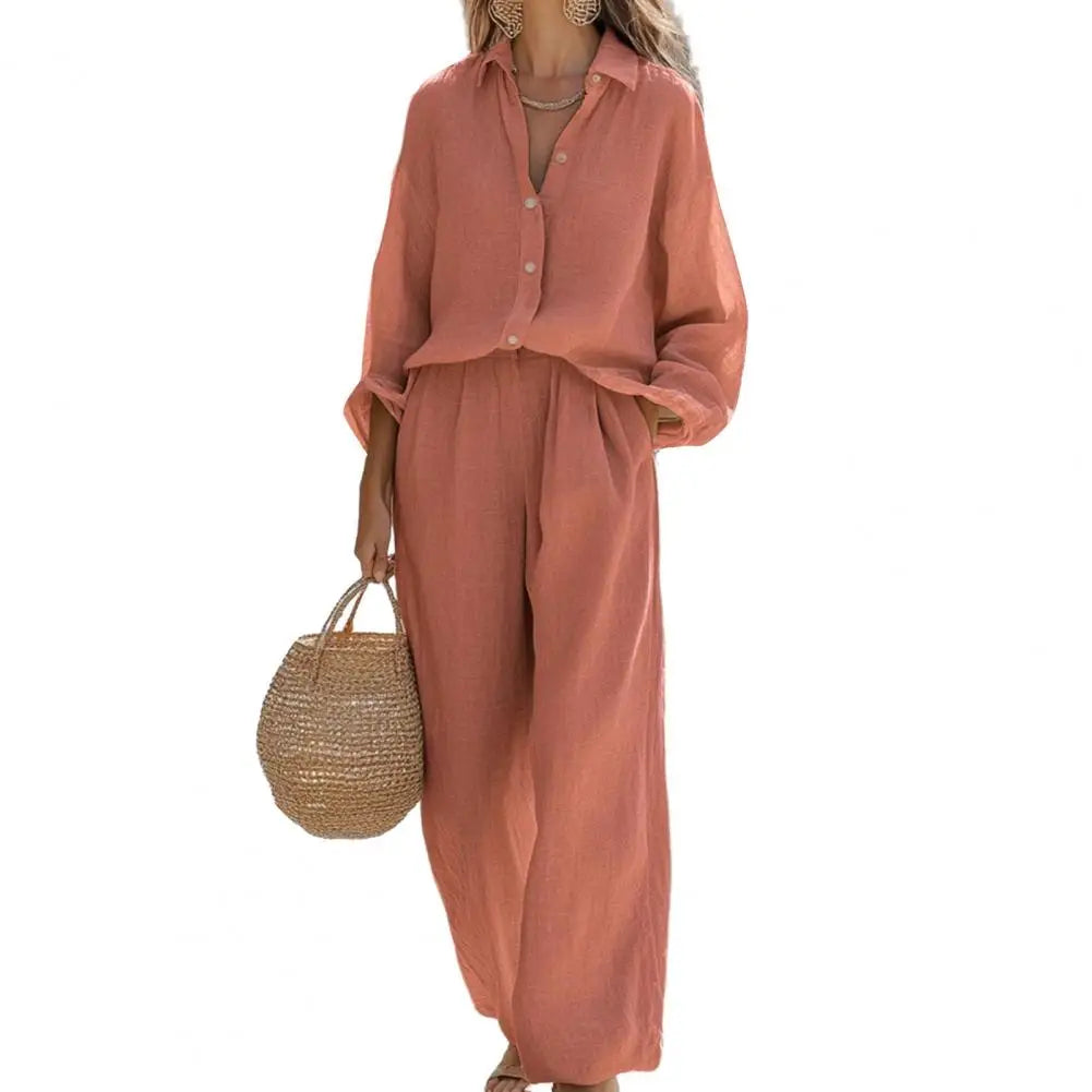 Women's Spring Outfit Two Piece Long Sleeve Button Down T Shirt And Wide Leg Pants Set Lounge Set Versatile Women Clothing 80%