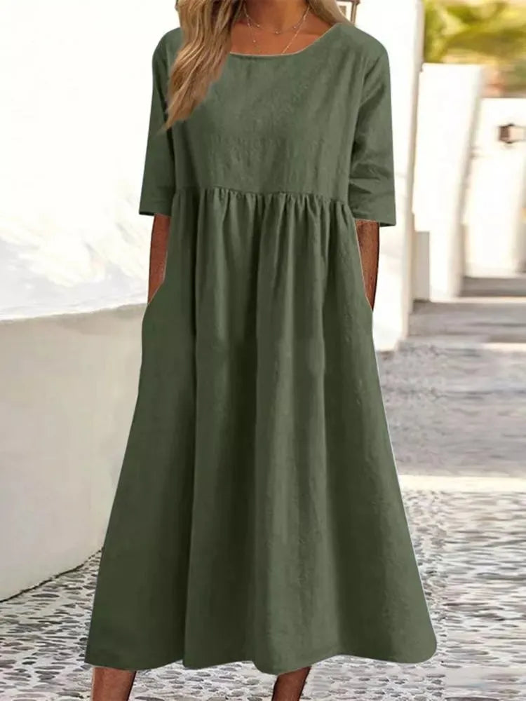 Summer New Large Solid Color Casual Short Sleeve Pocket Fold Loose Round Neck Women's Dress
