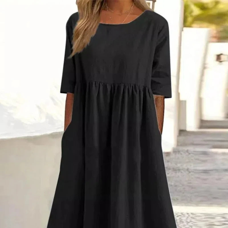 Summer New Large Solid Color Casual Short Sleeve Pocket Fold Loose Round Neck Women's Dress