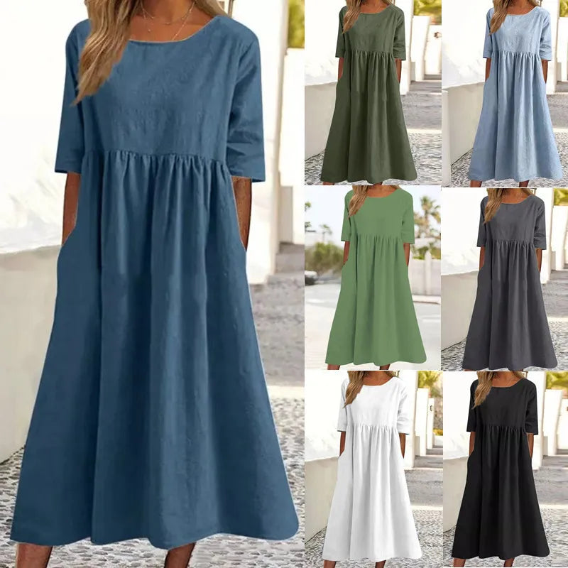Summer New Large Solid Color Casual Short Sleeve Pocket Fold Loose Round Neck Women's Dress