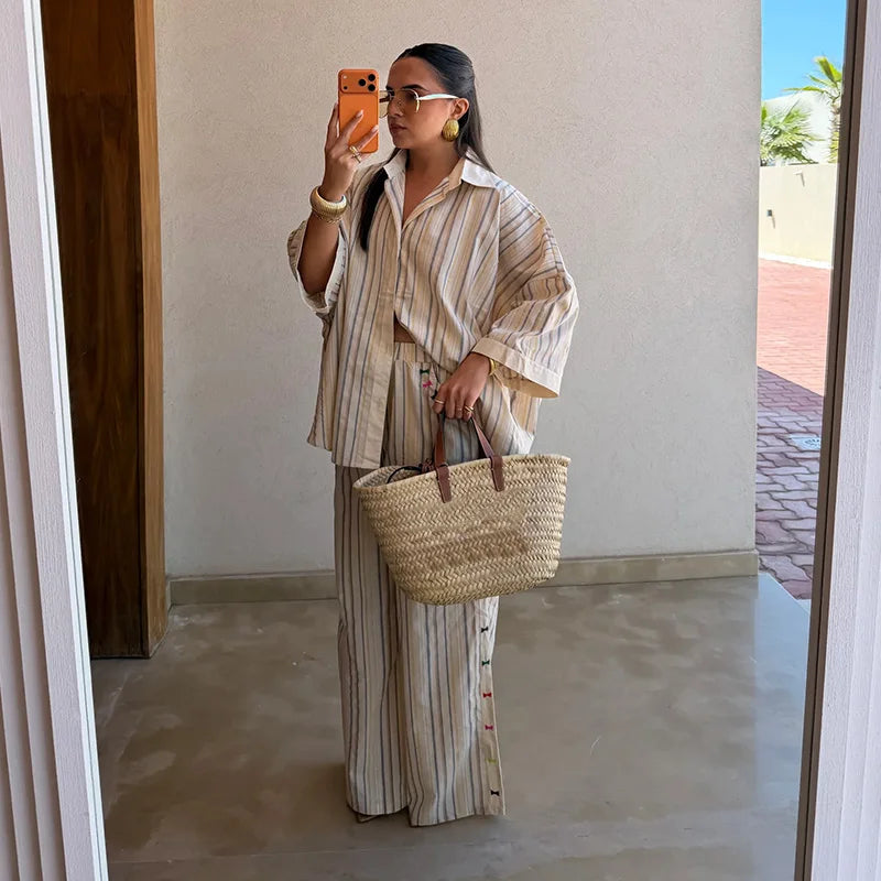 Women Casual Loose Fit Striped Two Piece Set Long Sleeve Oversized Shirt High Waist Wide Leg Pants 2026 Summer Chic Elegant Suit