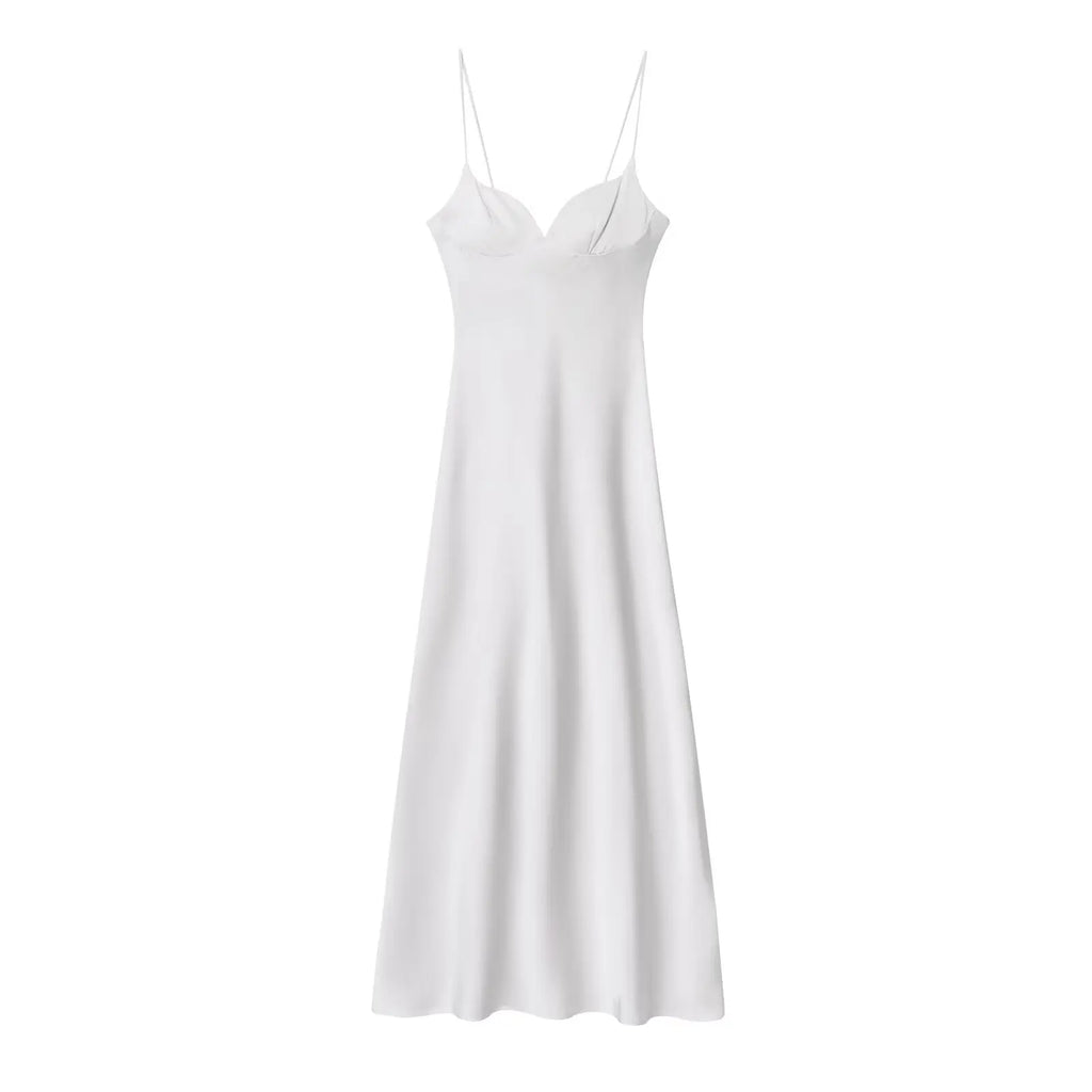 HH 2025 Women Red V-Neck Holiday Style Satin Texture Long Dress Sleeveless Summer Women's Back Zipper Fashion Sling Dresses