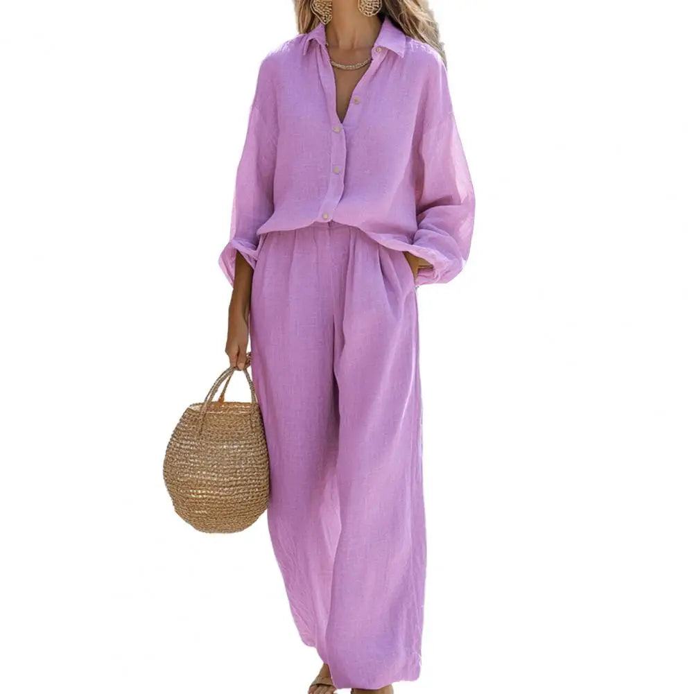 Women's Spring Outfit Two Piece Long Sleeve Button Down T Shirt And Wide Leg Pants Set Lounge Set Versatile Women Clothing 80%