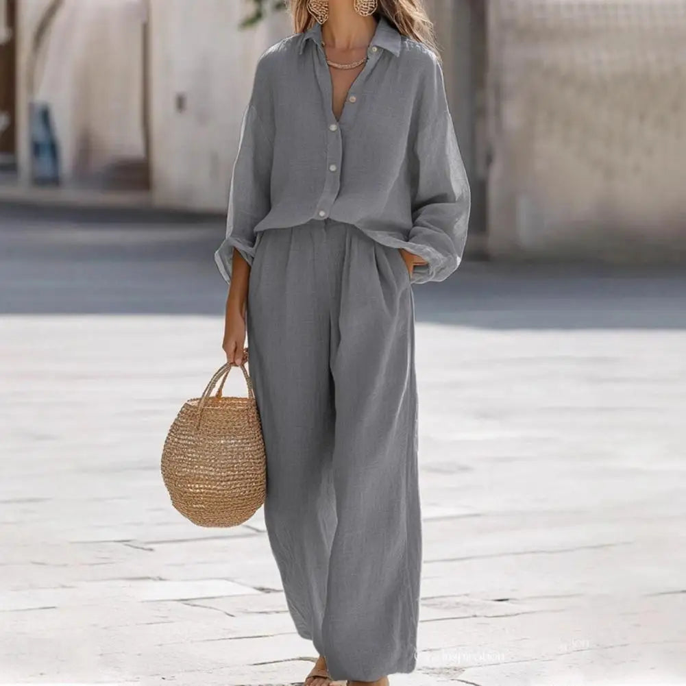 Women's Spring Outfit Two Piece Long Sleeve Button Down T Shirt And Wide Leg Pants Set Lounge Set Versatile Women Clothing 80%