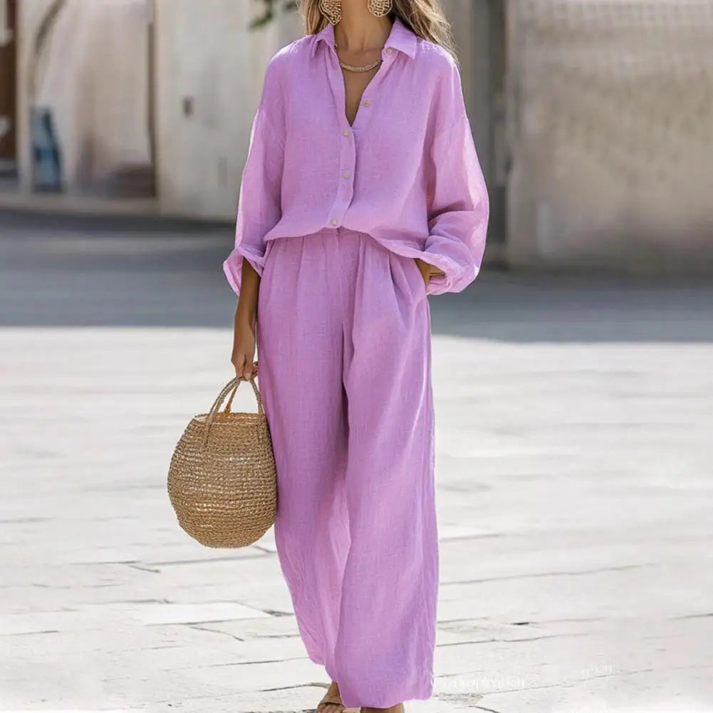 Women's Spring Outfit Two Piece Long Sleeve Button Down T Shirt And Wide Leg Pants Set Lounge Set Versatile Women Clothing 80%