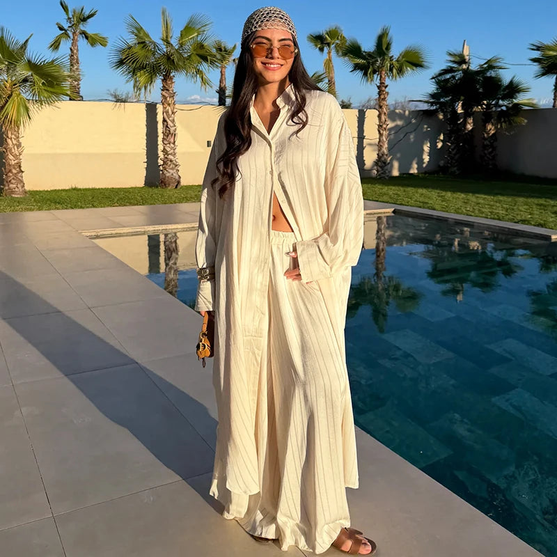 Women Casual Loose Fit Striped Two Piece Set Long Sleeve Oversized Shirt High Waist Wide Leg Pants 2026 Summer Chic Elegant Suit