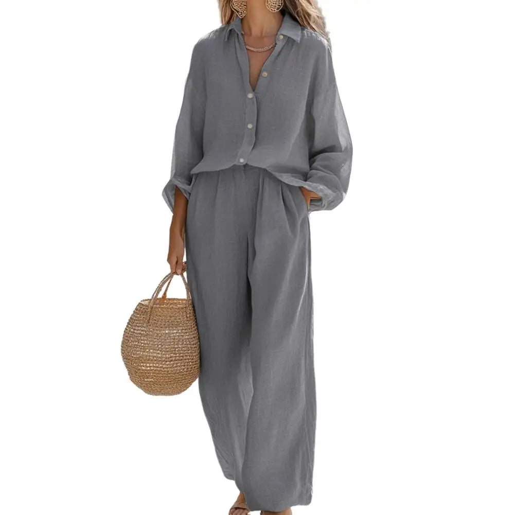 Women's Spring Outfit Two Piece Long Sleeve Button Down T Shirt And Wide Leg Pants Set Lounge Set Versatile Women Clothing 80%