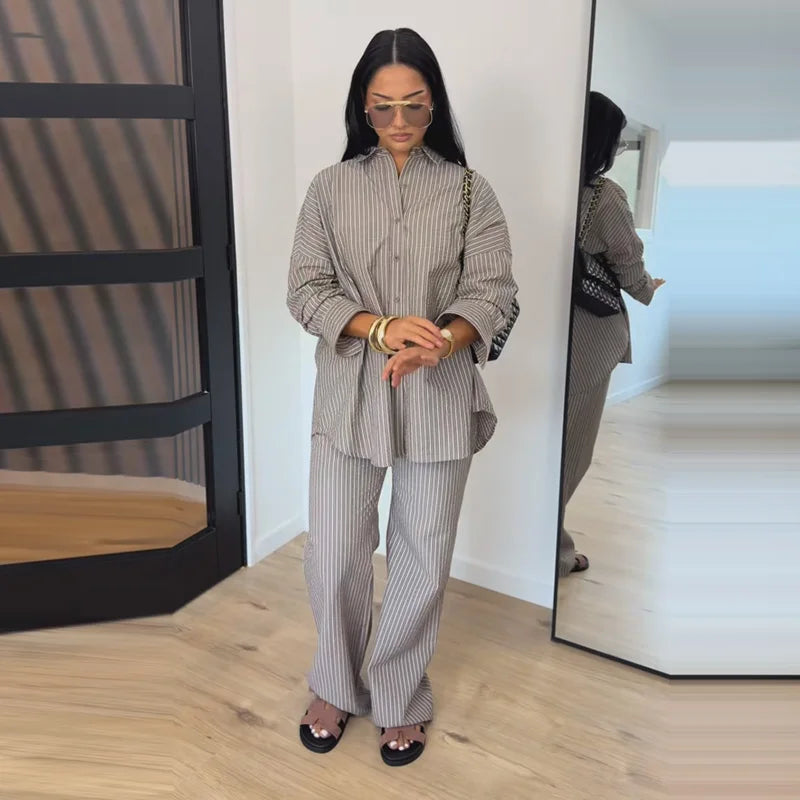 Women Casual Loose Fit Striped Two Piece Set Long Sleeve Oversized Shirt High Waist Wide Leg Pants 2026 Summer Chic Elegant Suit