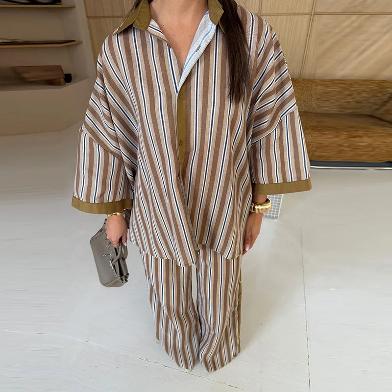 Women Casual Loose Fit Striped Two Piece Set Long Sleeve Oversized Shirt High Waist Wide Leg Pants 2026 Summer Chic Elegant Suit