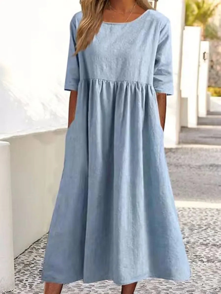 Summer New Large Solid Color Casual Short Sleeve Pocket Fold Loose Round Neck Women's Dress