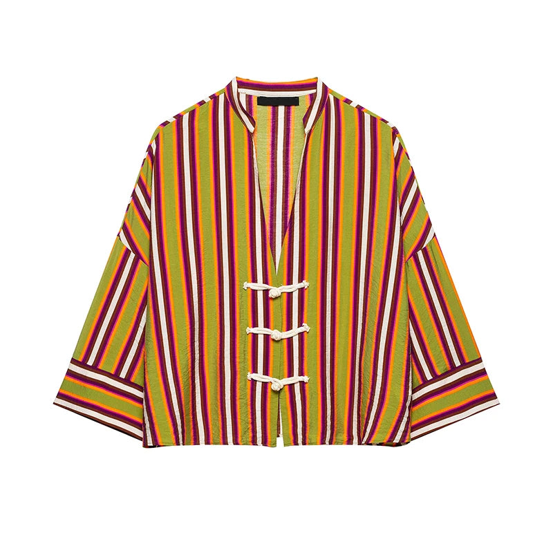 Women Casual Loose Fit Striped Two Piece Set Long Sleeve Oversized Shirt High Waist Wide Leg Pants 2026 Summer Chic Elegant Suit
