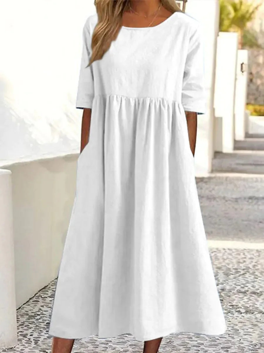 Summer New Large Solid Color Casual Short Sleeve Pocket Fold Loose Round Neck Women's Dress