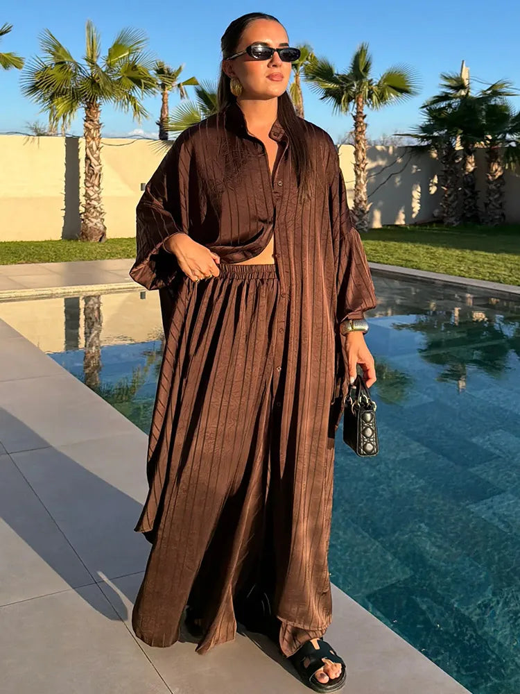 Women Casual Loose Fit Striped Two Piece Set Long Sleeve Oversized Shirt High Waist Wide Leg Pants 2026 Summer Chic Elegant Suit
