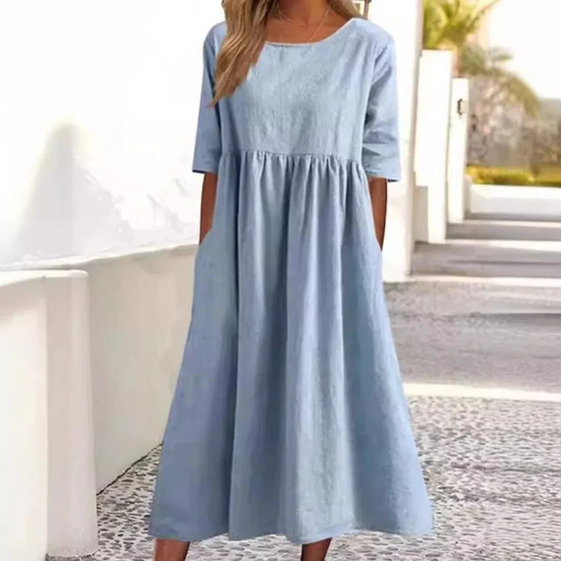 Summer New Large Solid Color Casual Short Sleeve Pocket Fold Loose Round Neck Women's Dress