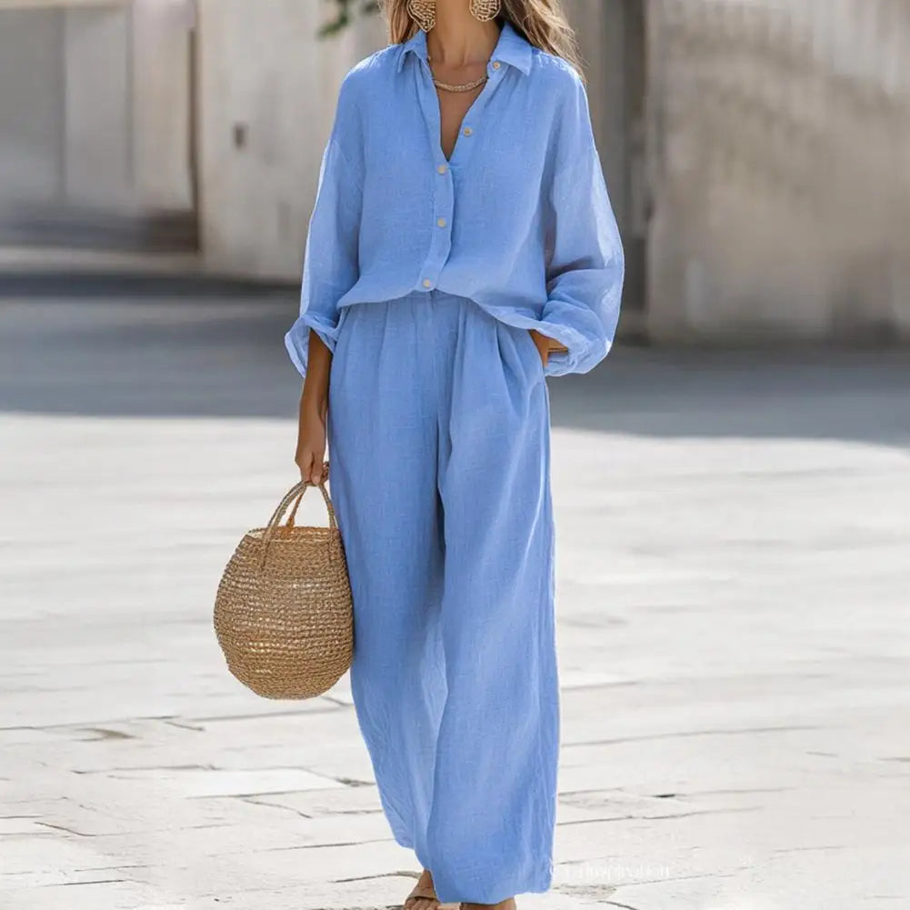 Women's Spring Outfit Two Piece Long Sleeve Button Down T Shirt And Wide Leg Pants Set Lounge Set Versatile Women Clothing 80%