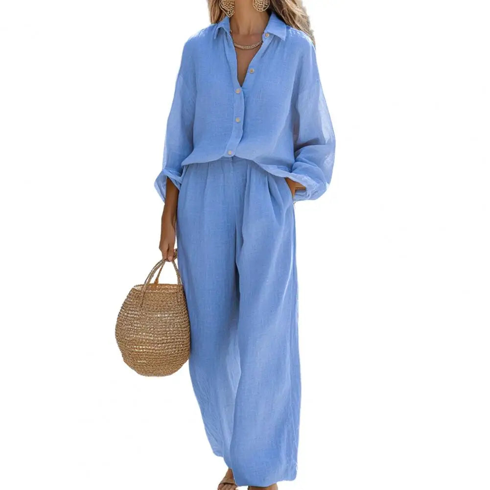Women's Spring Outfit Two Piece Long Sleeve Button Down T Shirt And Wide Leg Pants Set Lounge Set Versatile Women Clothing 80%
