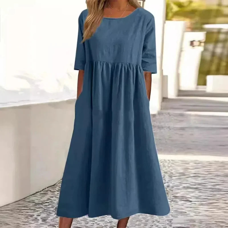 Summer New Large Solid Color Casual Short Sleeve Pocket Fold Loose Round Neck Women's Dress