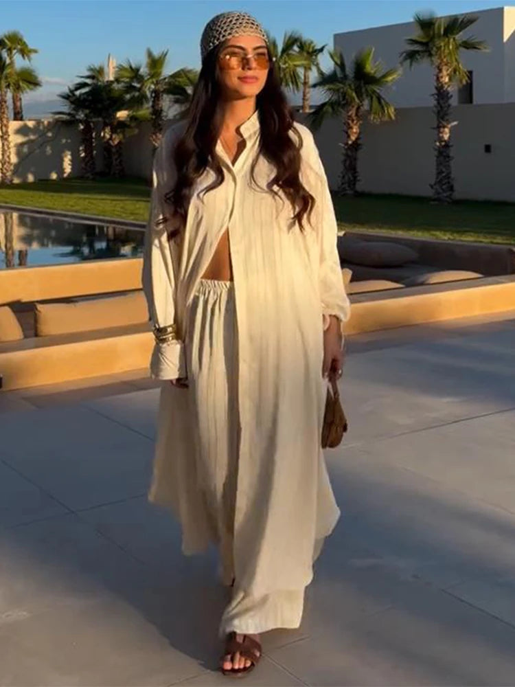 Women Casual Loose Fit Striped Two Piece Set Long Sleeve Oversized Shirt High Waist Wide Leg Pants 2026 Summer Chic Elegant Suit