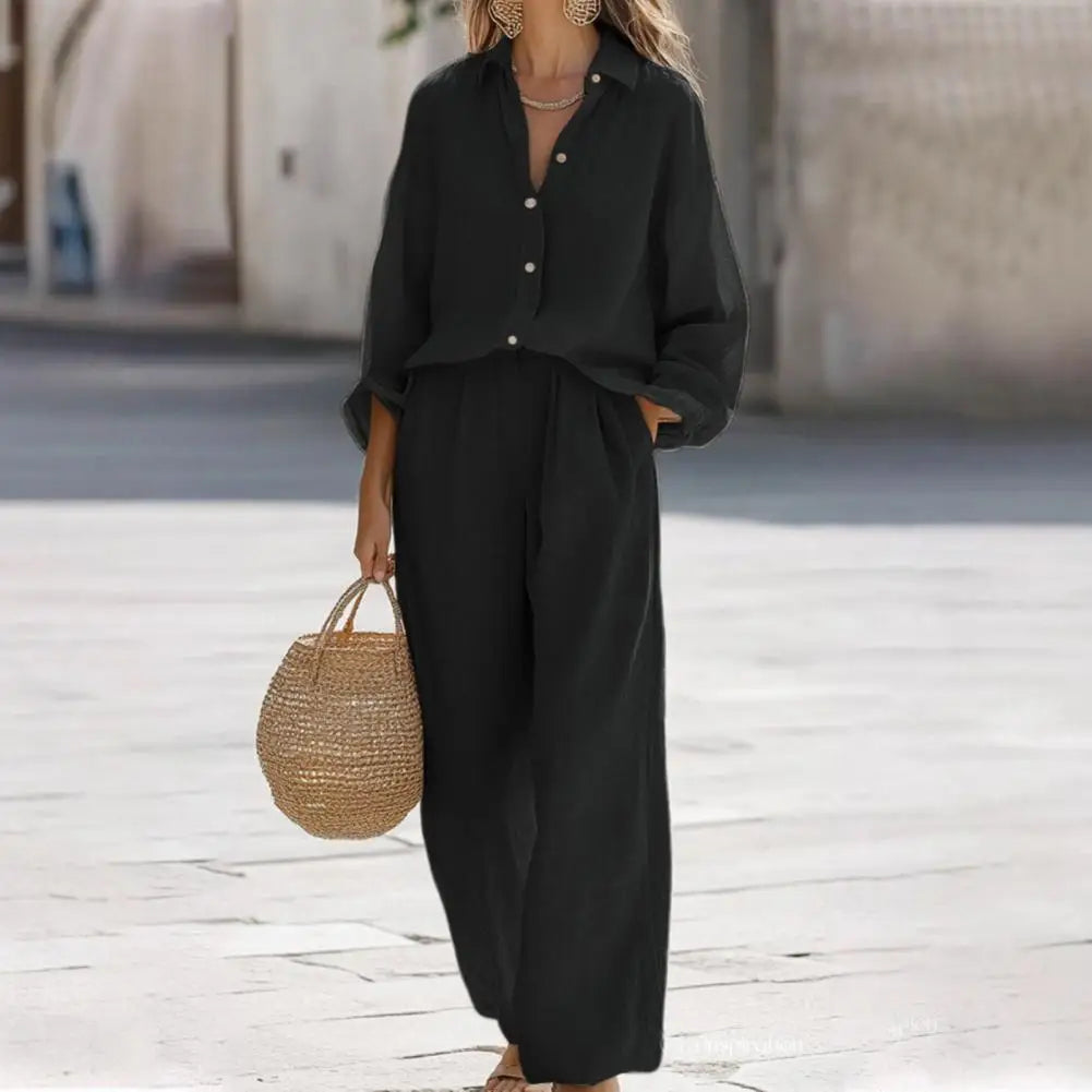 Women's Spring Outfit Two Piece Long Sleeve Button Down T Shirt And Wide Leg Pants Set Lounge Set Versatile Women Clothing 80%