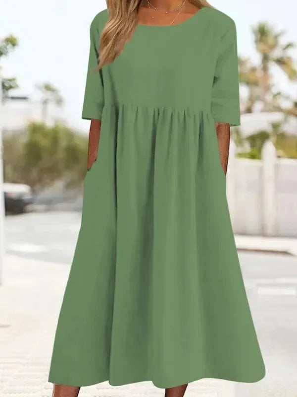 Summer New Large Solid Color Casual Short Sleeve Pocket Fold Loose Round Neck Women's Dress