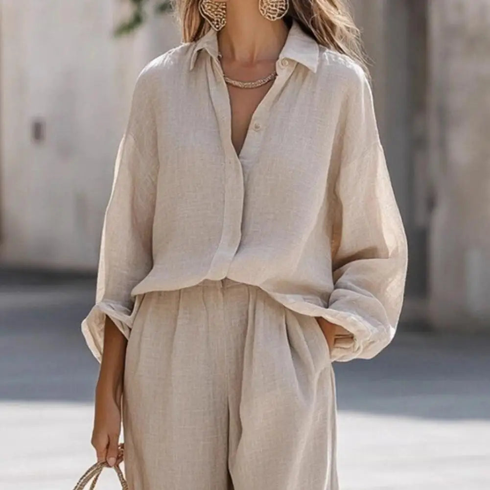 Women's Spring Outfit Two Piece Long Sleeve Button Down T Shirt And Wide Leg Pants Set Lounge Set Versatile Women Clothing 80%