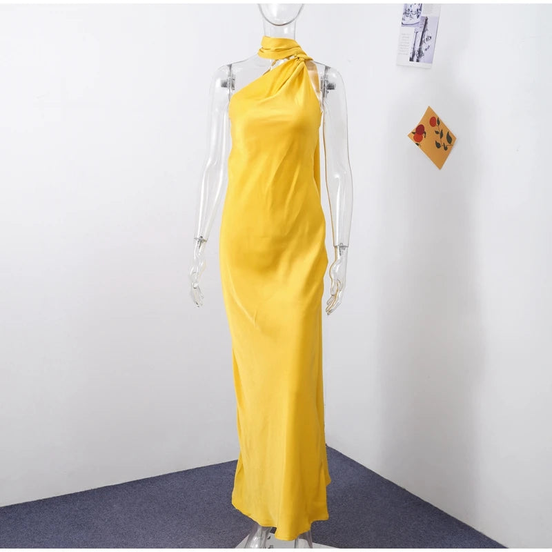 Ribbon Satin Long Party Dress Women Elegant Solid Sleeveless Female Backless Dresses 2026 Summer Autumn Lady Evening Club Gowns